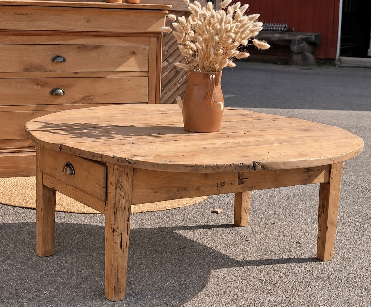 Table basse ronde ancienne 1 tiroir en bois massif brut
