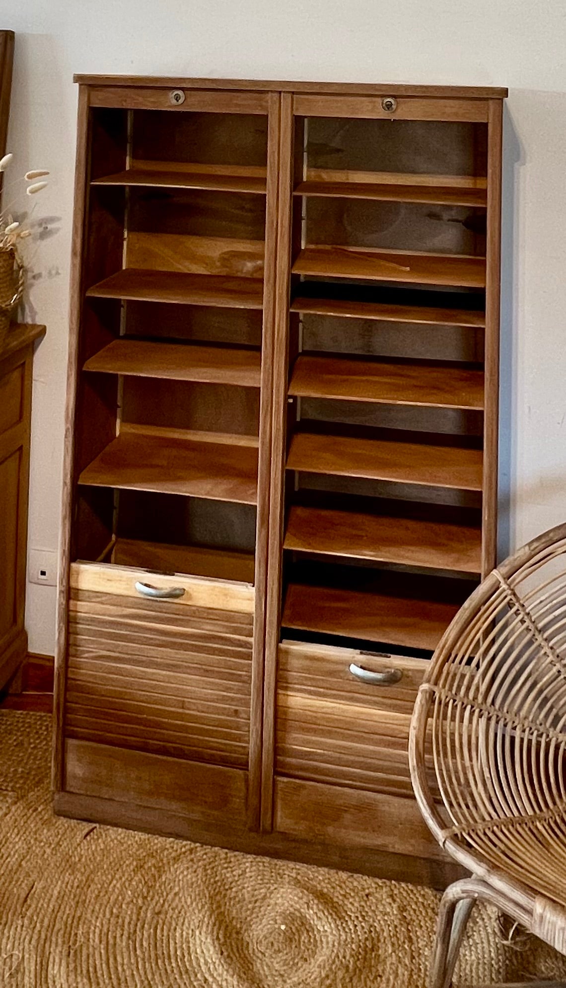 Classeur à rideau double vintage en chêne brut