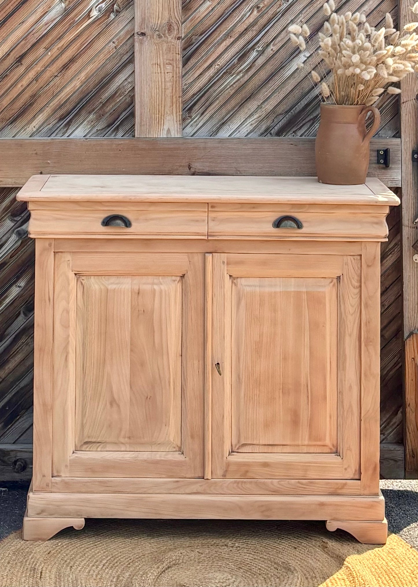 Buffet étroit rénové / console d’entrée 2 tiroirs en bois massif brut