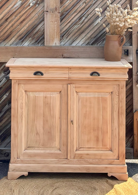 Buffet étroit rénové / console d’entrée 2 tiroirs en bois massif brut
