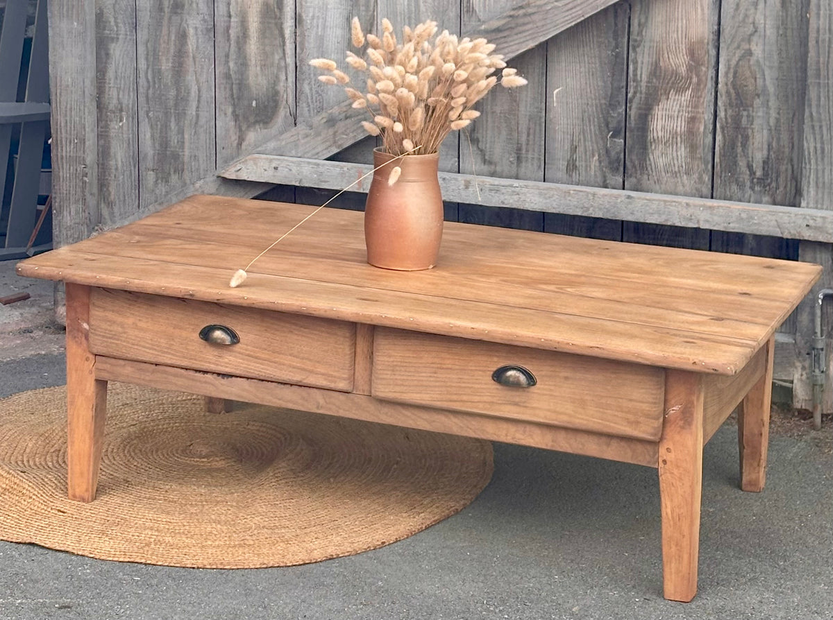 Table basse de ferme ancienne en bois massif brut 2 tiroirs