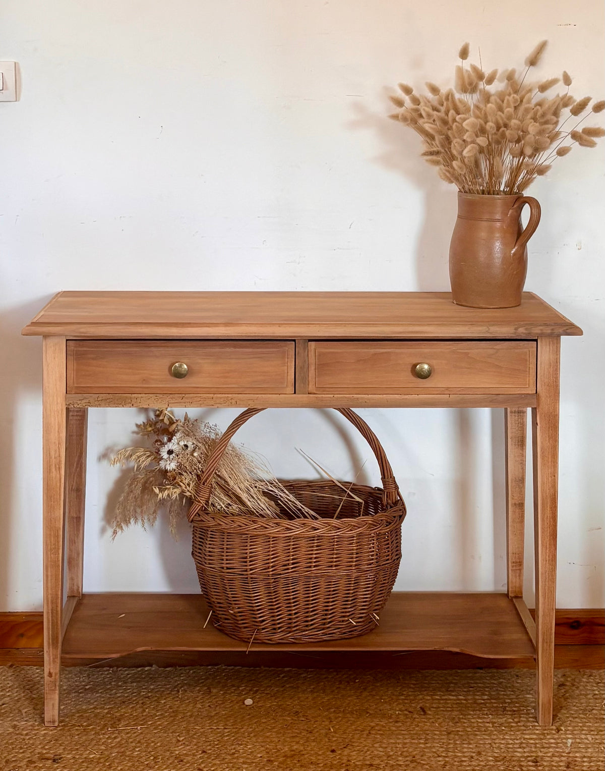 Console ancienne en bois massif brut 2 tiroirs