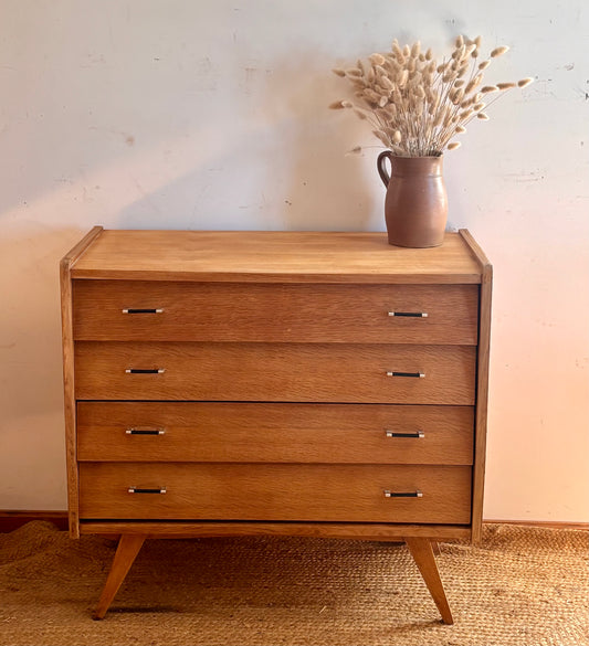 Commode vintage ancienne en chêne brut 4 tiroirs
