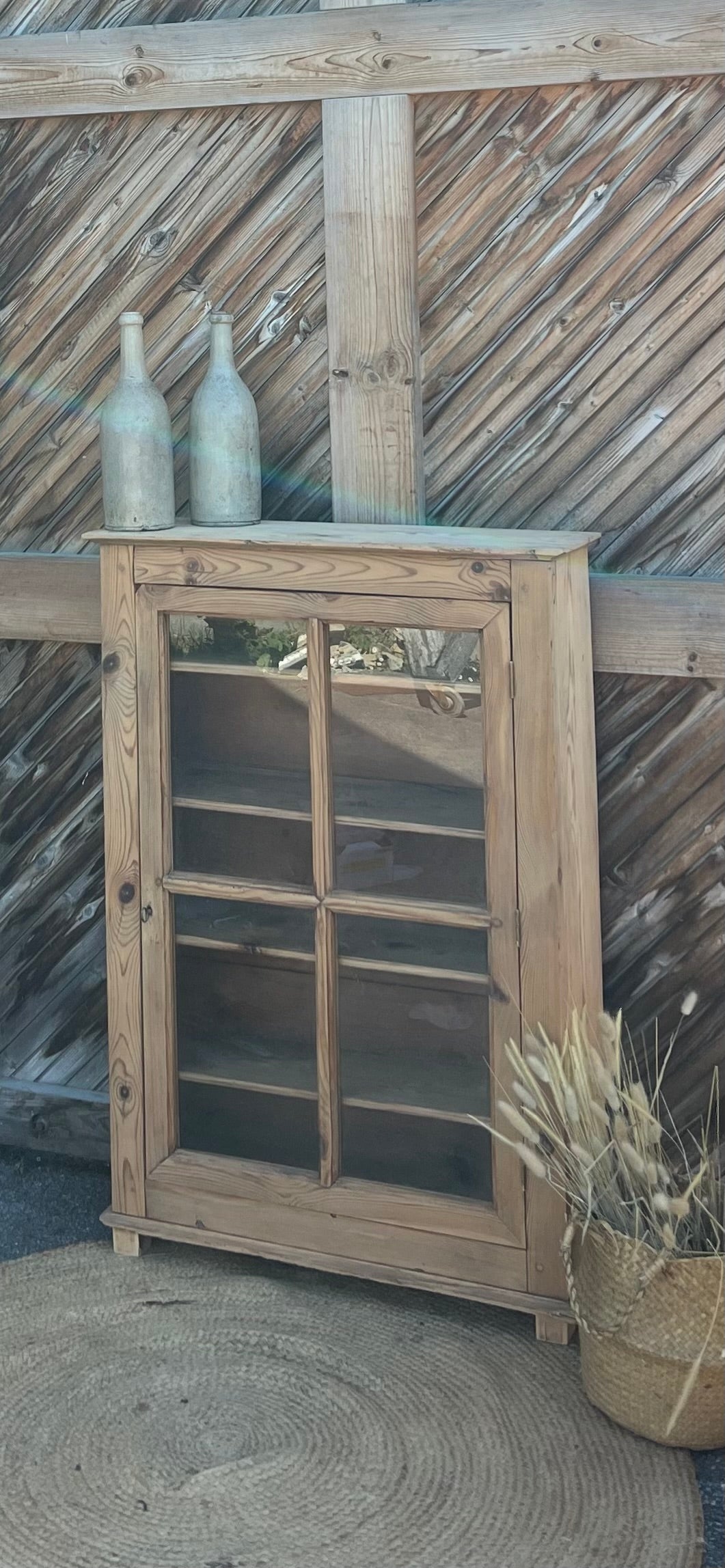 Bibus vitré étroit ancien - meuble d’entrée - bibliothèque en bois massif brut