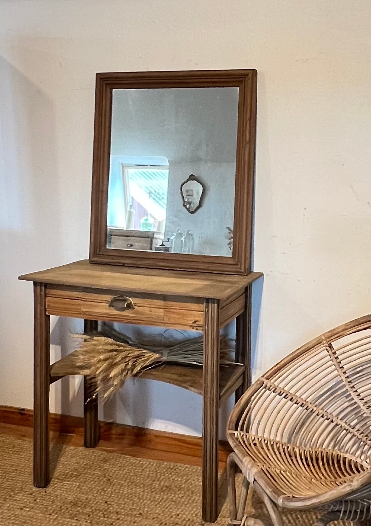 Console coiffeuse ancienne en chêne massif brut 1 tiroir