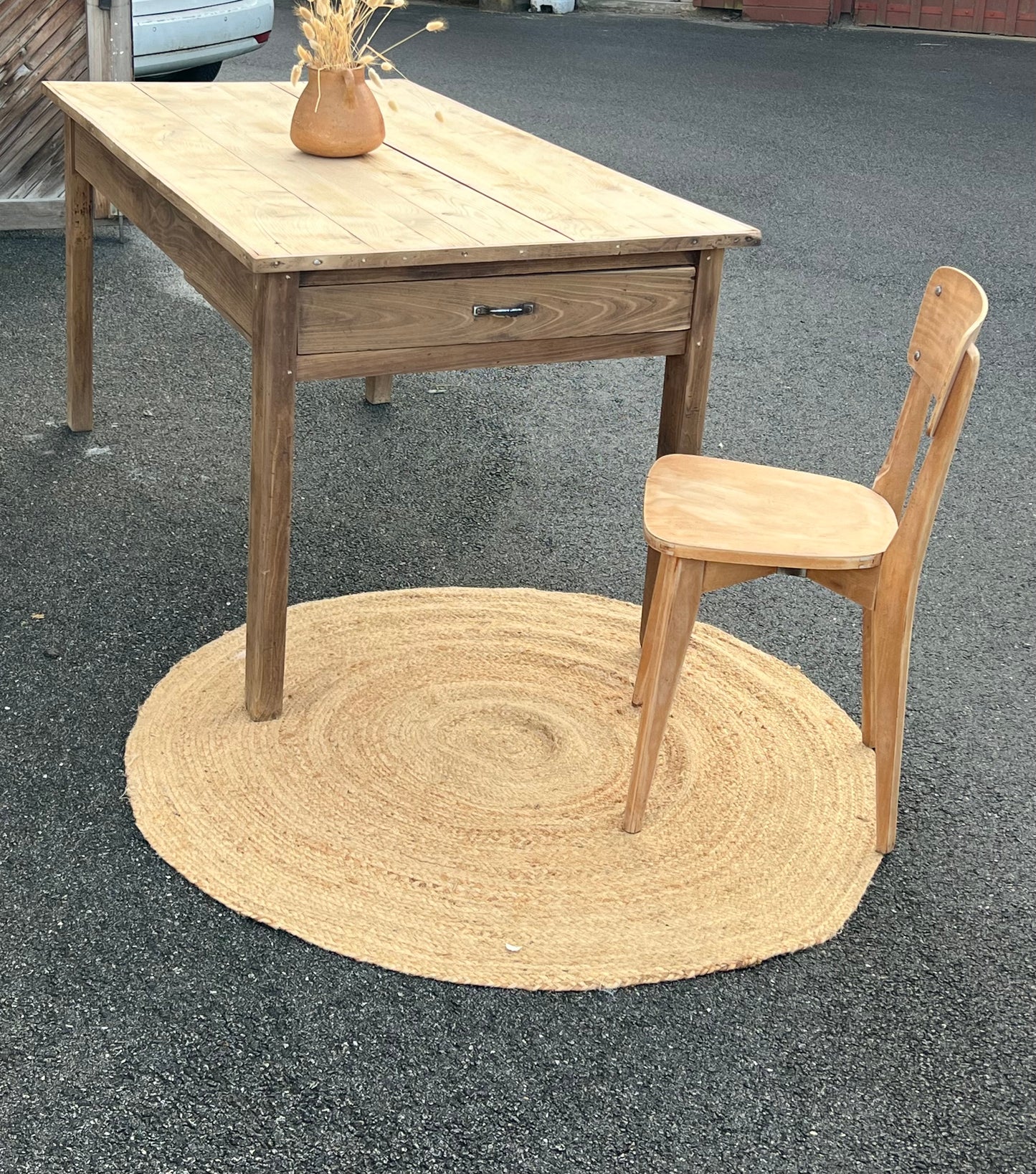 Table de ferme ancienne en bois massif brut 1 tiroir 8 personnes