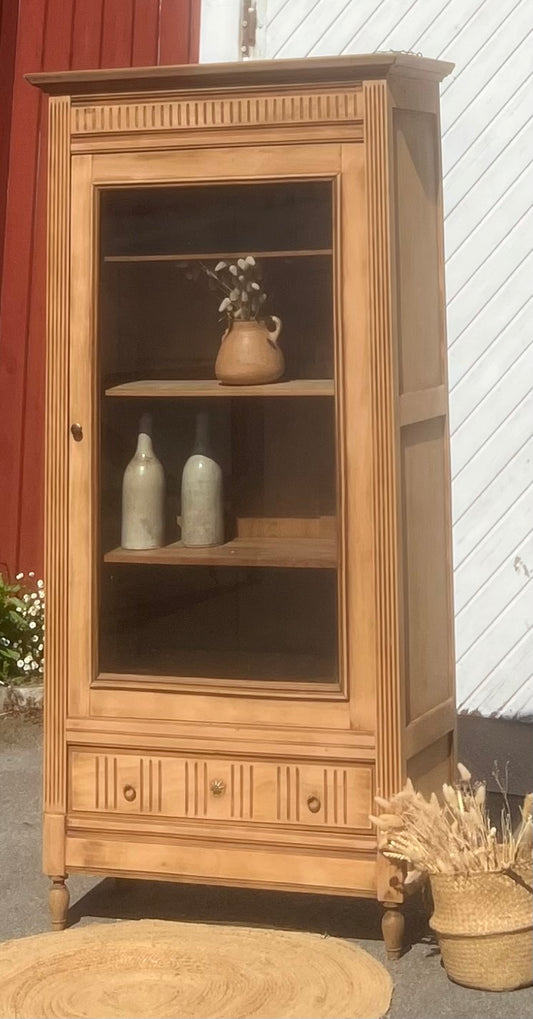 Armoire parisienne vitrée ancienne en bois massif brut 1 tiroir